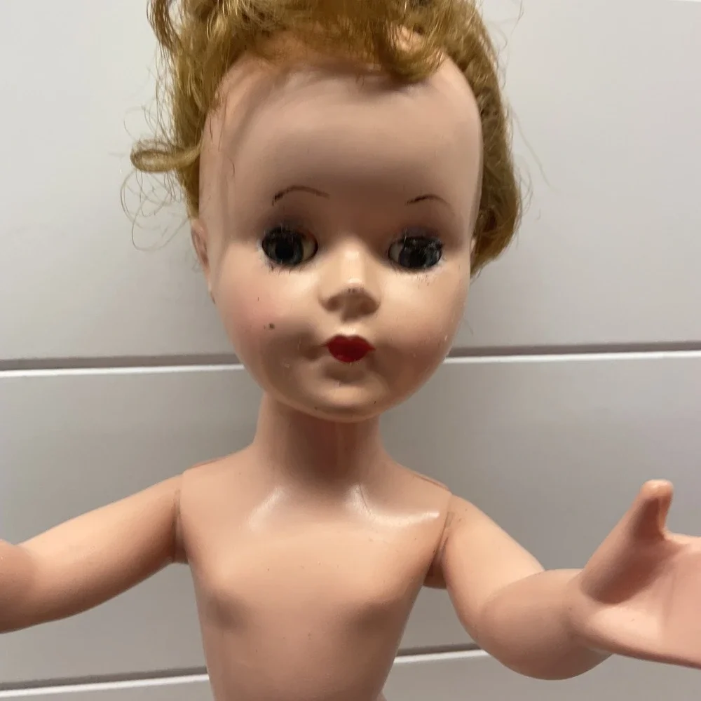 Vintage 1950s Hard Plastic Walking Doll Sleep Eyes Strawberry Blonde 18 Inch